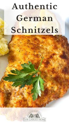 some food on a white plate with the words authentic german schnitzels above it