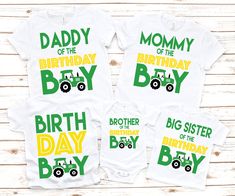 three baby onesuits with tractors on them