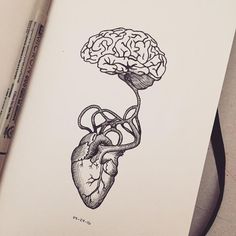 a drawing of a human heart with a brain attached to it