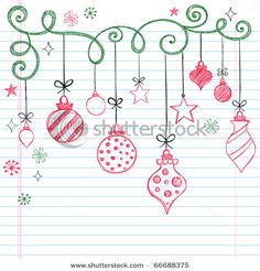 christmas ornaments hanging from a line with lined paper in the background stock photo - image