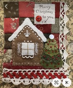 a quilted christmas card with a gingerbread house on it's side and a tree in the center