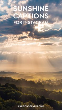 Image features a stunning sunset scene with rays of sunlight breaking through the clouds over a lush landscape. The text "Sunshine Captions for Instagram" is prominently displayed in bold white font. The theme emphasizes capturing the warmth and beauty of sunshine through poetic and uplifting captions for Instagram posts. The overall vibe is peaceful and serene, perfect for those seeking inspiration for their nature or sunset-themed Instagram photos. Sunny Day Instagram Story Ideas, Sun Light Captions For Instagram, Sun Rise Captions, Sun Light Quotes, Sunshine Captions, Sun Kissed Quotes, Light Captions, Life Captions