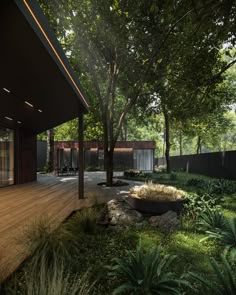 an artist's rendering of a house in the woods with trees and plants around it