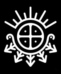 a black and white drawing of a sun with arrows in the center on a black background