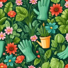 colorful flowers and gardening gloves with green leaves on a dark green background seamless wallpaper