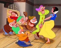 snow white and seven dwarfs dancing together in an old - fashioned room with wood floors