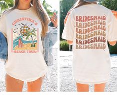 two pictures of a woman wearing a t - shirt with the words bridesmaid on it