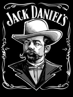 a black and white drawing of a man wearing a hat with the words jack daniels on it