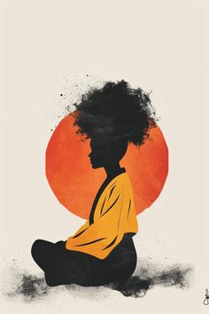 the silhouette of a person sitting in front of an orange sun