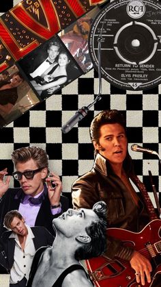 collage of elvis presley and other music related items, including an electric guitar, checkered background with black and white squares