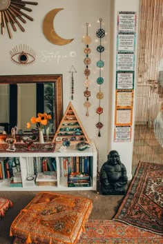 a living room filled with lots of furniture and decor on top of carpeted flooring