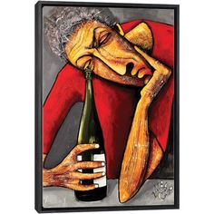 a painting of a man holding a bottle with his head on the ground and hands over his face