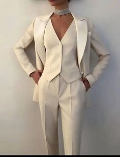 Prom Pantsuit, Lesbian Wedding Suit, White Suit, Prom Suits, Woman Suit Fashion, Cocktail Attire, Prom Outfits, Peak Lapel, 3 Piece Suits