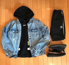 Yeezy Hoodie Outfit Men, Cheap Urban Streetwear Denim Jacket, Urban Blue Outerwear For Streetwear, Urban Faded Denim Jacket For Streetwear, Urban Denim Streetwear Outerwear, Hypebeast Outfits, Mens Fashion Sneakers, Different Types Of Sneakers, Outfit Looks