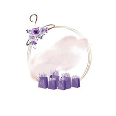 purple shopping bags with flowers on them in front of a circular frame that says happy mother's day