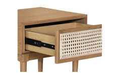 a wooden table with two drawers on one side and an open drawer on the other