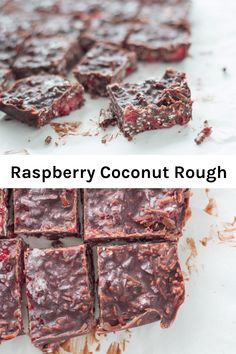 chocolate raspberry coconut rough bars cut into squares and stacked on top of each other