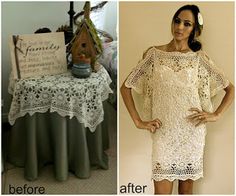 before and after photos of a woman's dress with crochet on it