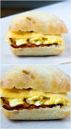 two pictures of an egg sandwich with bacon and cheese on it's buns