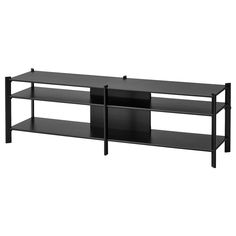 an entertainment center with two shelves and one shelf on each side, in black finish