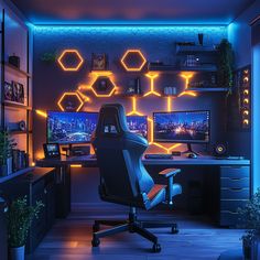 a gaming room with two monitors and a chair