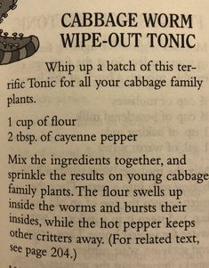 an open book with instructions on how to use the cabbage worm wipe - out tonic