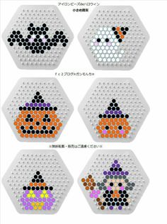 four hexagons with different designs on them, all in different colors and sizes