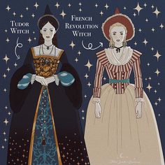 two women dressed in period costumes standing next to each other with stars on the background