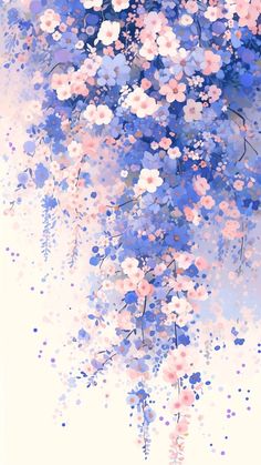 a painting of blue and pink flowers on a white background