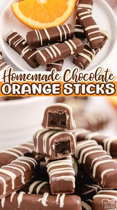 chocolate orange sticks stacked on top of each other with an orange slice in the background