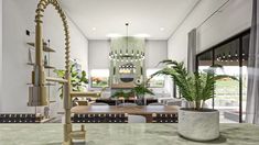 a kitchen counter with a potted plant on it and a chandelier hanging from the ceiling