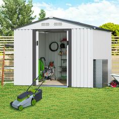 a small shed with a lawn mower in it