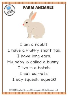 an animal poem with the words farm animals in english and spanish, on top of it