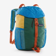 a backpack that is green, yellow and blue with straps on the bottom part of it