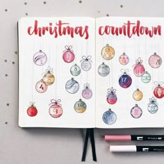 an open notebook with christmas ornaments on it