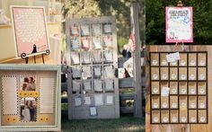 an assortment of pictures and frames on display at a wedding or baby shower party in the park