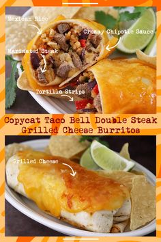 two plates with different types of food on them and the words copycat taco bell double steak grilled cheese burritos