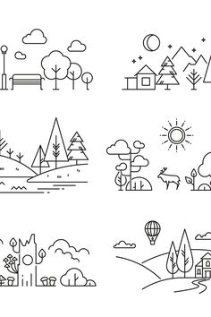 four black and white illustrations of trees, houses, mountains, and hot air balloons