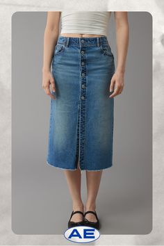 Mid-weight structured denim with just enough stretch for everyday comfort/True jean-like fabric that holds its shape/Dark wash/This skirt is Real Good: Made with the planet in mind & a promise to continue to do better. High Waist Denim Skirt, True Jeans, High Waisted Denim Skirt, High Waist Denim, Do Better, Denim Midi Skirt, Skorts, High Waisted Denim, Modest Outfits