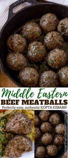 meatballs in a cast iron skillet with text overlay that reads middle eastern beef meatballs perfectly easy, authentic kofta kebabs