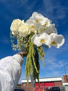 a person holding a bouquet of flowers in front of a blue sky with white clouds