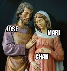 a statue of jesus holding the hand of a woman with words above it that read, jose mai chan