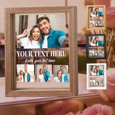 a wooden frame with three photos and flowers on the table next to it is an advertisement for your text here