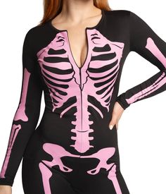 a woman wearing a skeleton costume with pink paint on her body and black tights