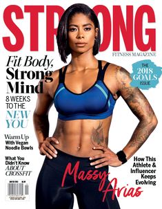 a woman in a blue sports bra top on the cover of a magazine, with her hands on her hips