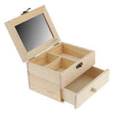 an open wooden box with two drawers