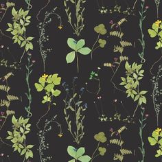 a black background with green and yellow flowers, leaves and plants on it's sides