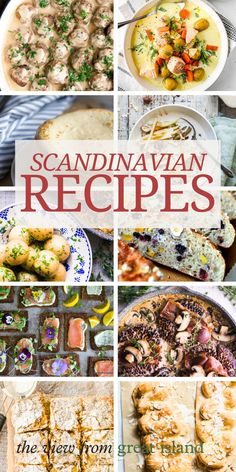 the cover of scandinavian recipes, with pictures of different foods and dishes in it's collage