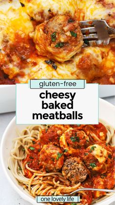 gluten - free cheesy baked meatballs in a white bowl with a fork