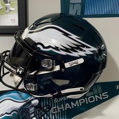 an eagles helmet is on display in the locker room